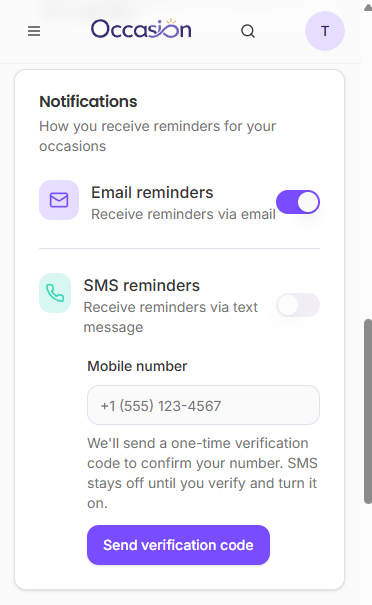 Occasion.fyi Settings → Notifications screen showing the mobile number entry field and the Send verification code button