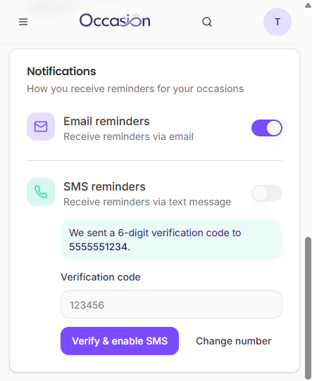 The verification step showing the “We sent a 6-digit verification code” banner and the code entry field
