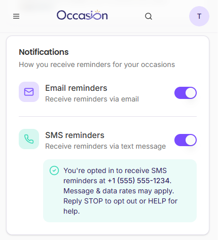 The SMS reminders toggle switched on with the opt-in confirmation message, including Reply STOP to opt out and HELP for help